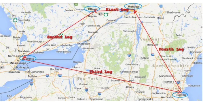 Figure 1-2: An example of pairing with 4 legs, started from Montreal. 