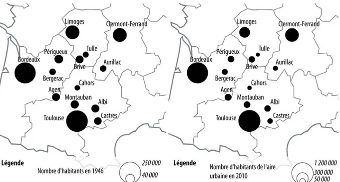 Figure 0.3. L’armature urbaine des métropoles, capitales régionales et villes moyennes autour de Brive,  1946 (population urbaine)-2010 (population de l’aire urbaine)