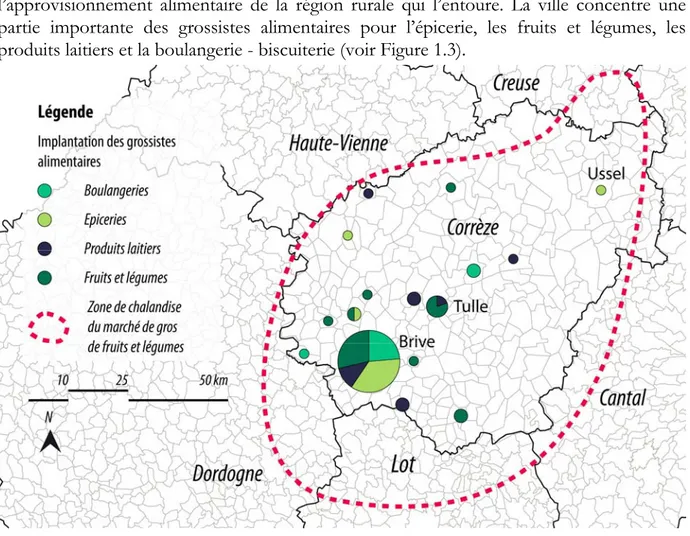Figure 1.3. Zone de chalandise du marché de gros de fruits et légumes de Brive et implantation des  grossistes alimentaires en Corrèze