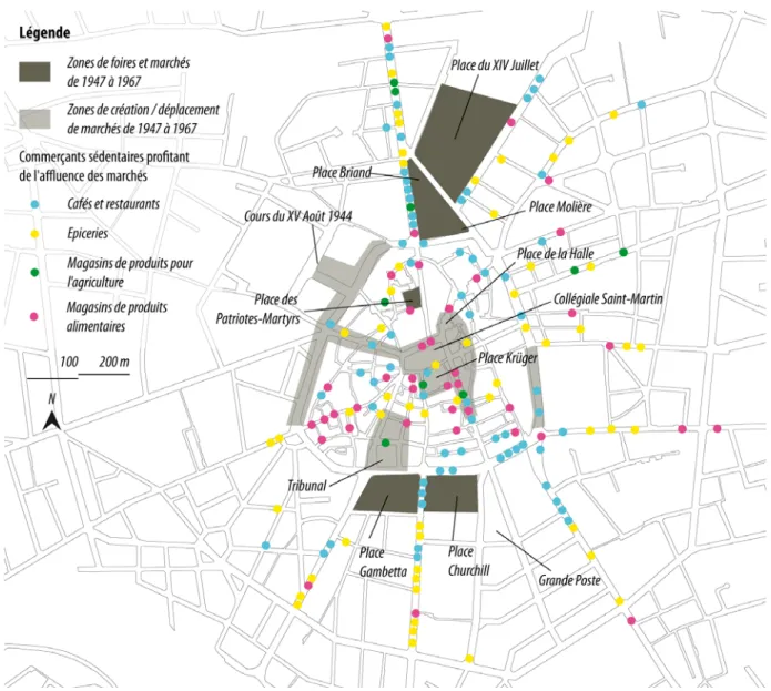 Figure 1.6.Places de marchés de 1947 à 1967 et commerces sédentaires en 1964 dans le centre de  Brive