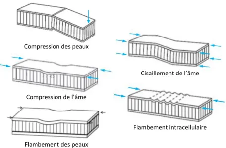 Figure 1.3 : Principaux modes de ruptures des structures sandwichs avec âme en nid d'abeille [5] 