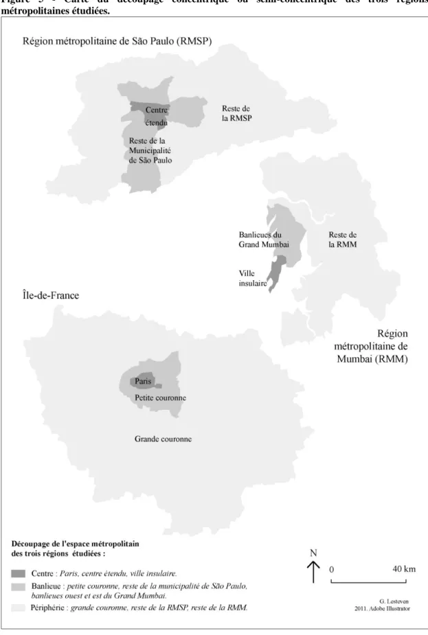 Figure  5  -  Carte  du  découpage  concentrique  ou  semi-concentrique  des  trois  régions  métropolitaines étudiées