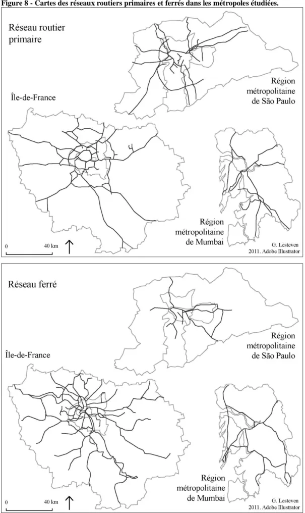 Figure 8 - Cartes des réseaux routiers primaires et ferrés dans les métropoles étudiées
