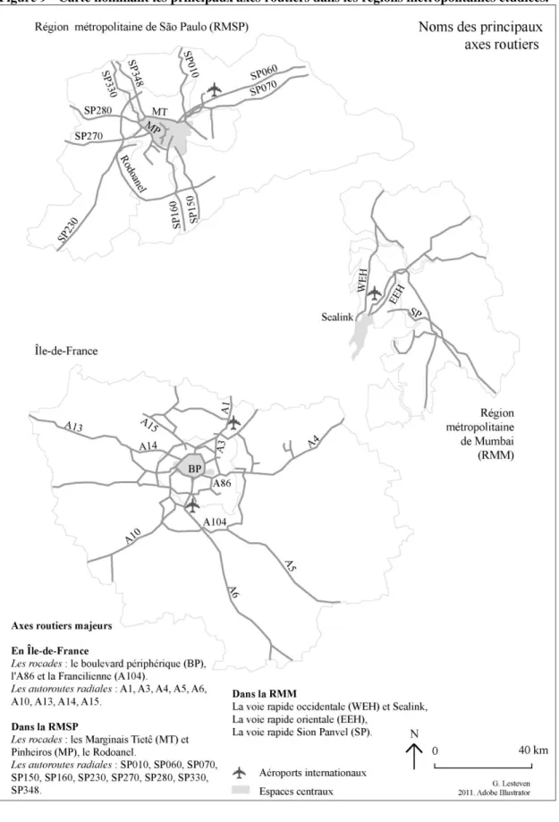 Figure 9 - Carte nommant les principaux axes routiers dans les régions métropolitaines étudiées