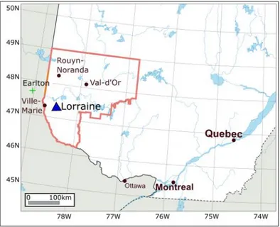 Figure 3.1 : Localisation du site minier Lorraine et de la station météorologique d’Earlton 