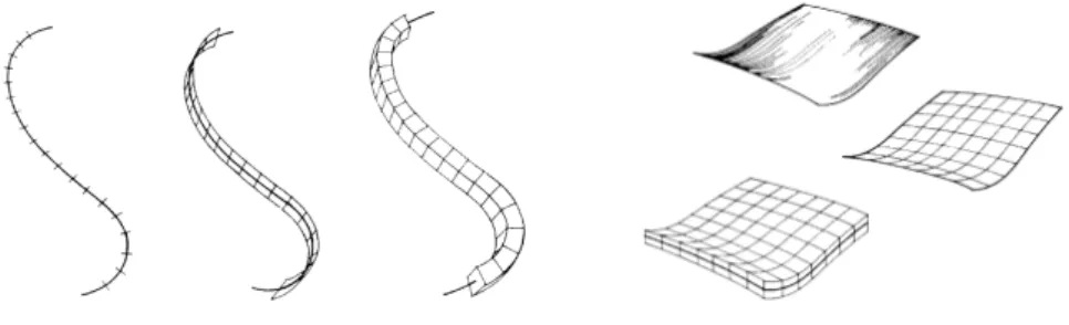 Figure 2.5 – Mesure de la dimension de Minkowski pour une ligne (gauche) et pour une surface (droite)