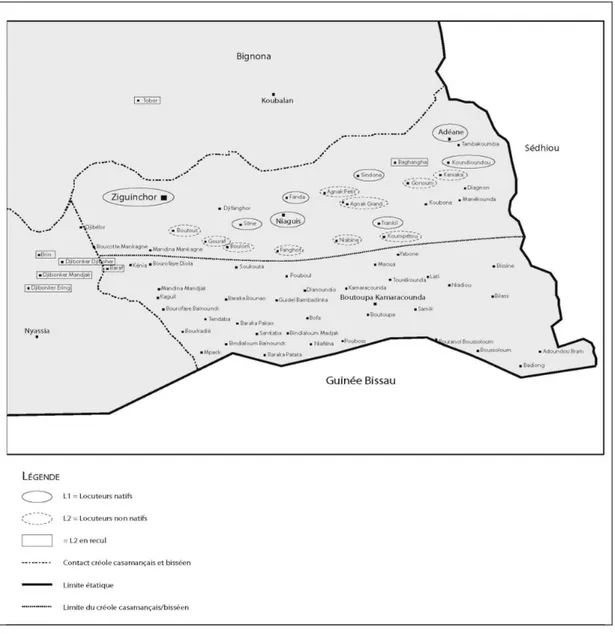 Figure 4. Répartition spatiale des villages du département de Ziguinchor où le  créole est parlé (d'après Biagui 2012, 2) 