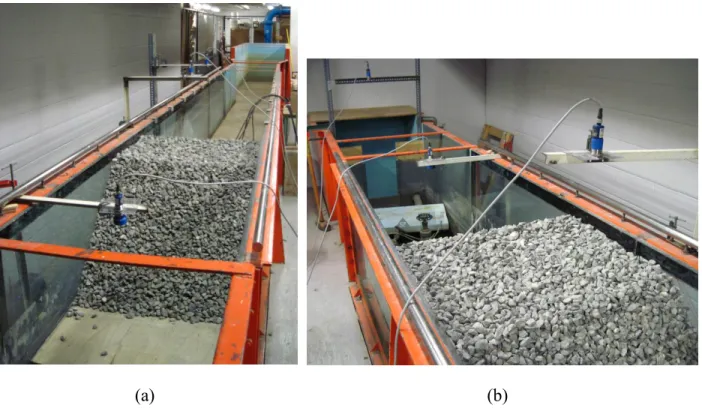 Figure 3-2: Vue globale du montage expérimental a) vue amont de la digue et b) vue aval de la  digue 