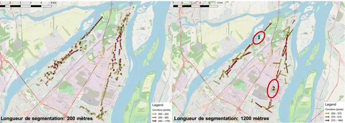 Figure 3-11: Comparaison de corridors créés en fonction de la longueur de segmentation (200 m  vs 1200m)