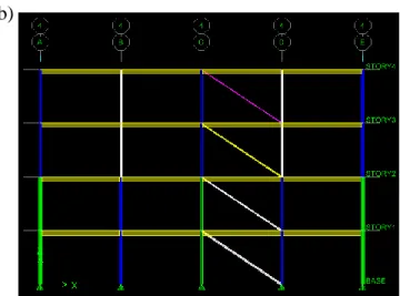 Figure 2.6: ETABS model: a) 3D view of the structure model; b) Model of the tension-only  braced frame on line 4 (continued) 