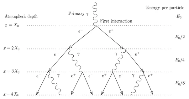 Figure 2.1: Simple model describing the development of an electromagnetic shower according to Heitler.