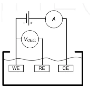 Figure 3-1: Schematic of three electrodes electrochemical cell [147]. 