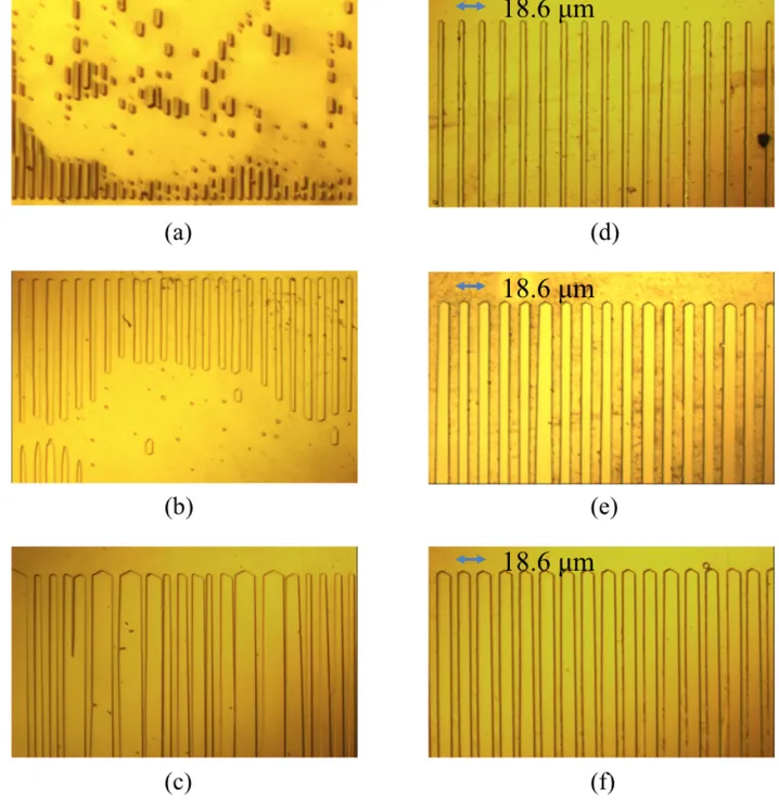 Figure  3-11:  Microscope  images  of  the  revealed  grating  patterns  on  periodically  poled  lithium  niobate  after  etching  in  HF  for  5  minutes