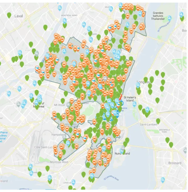 Figure 1-1: Communauto operating distribution in real-time status map in Montreal 