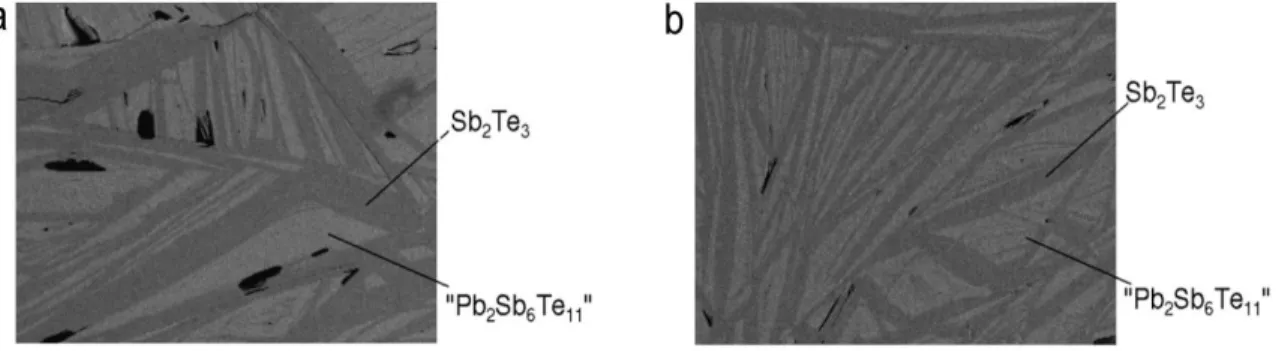 Figure  1.6 :  The  microstructure  of  solidified  alloys  with  the  composition  of  Te-36at.%Sb- Te-36at.%Sb-5at.%Pb (a) cooled in air, (b) quenched in water [100]
