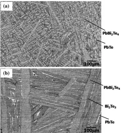 Figure  1.9 :  Microstructure  of  water-quenched  Bi2Te3-PbTe  alloys  with  chemical  composition  of: (a) Pb 2 Bi 2 Te 5  and, (b) PbBi 6 Te 10  [112]