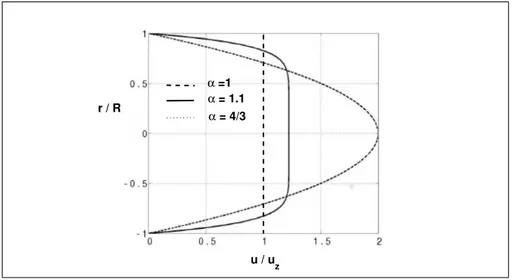 Figure 2.3 – Profils de vitesse (figure issue de [32]). La figure 2.3 résume la forme des profils de vitesse selon la valeur de α.