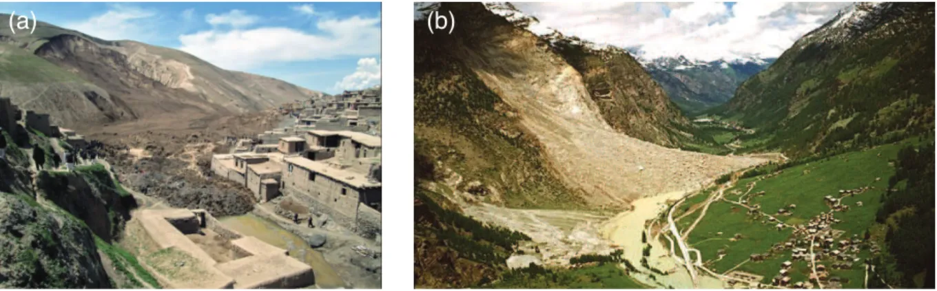 Figure 1 : (a) Glissement de terrain du 2 mai 2014 `a Aab Bareek en Afghanistan. (b) ´ Eboulement d’avril 1991 dans la vall´ee du village de Randa en Suisse qui a conduit ` a la formation d’un lac.