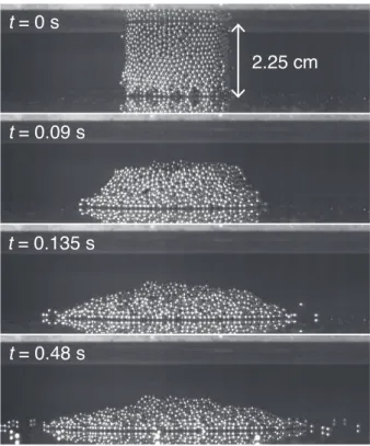 Figure 6 : Images successives de l’effondrement d’une colonne granulaire constitu´ee de billes d’acier sur une plaque de verre.