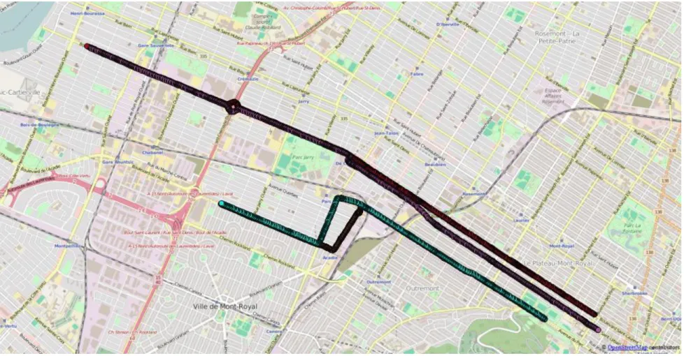 Figure 4.3 Defining the availability of recorded trajectories in the chosen routes using QGIS