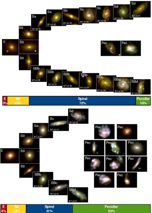 Figure 2.20 – Comparaison des séquences de Hubble pour l’univers Local et pour l’univers à red- red-shift intermédiaire ( Delgado-Serrano et al