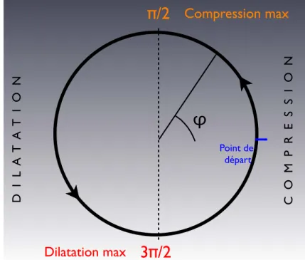 Figure I.17 – Représentation des des phases de compression et de dilatation en fonction de la variable ϕ = k com × c son ×