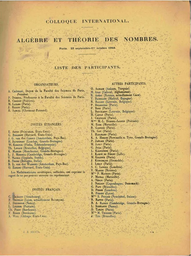 Figure 3.2 – Liste des participants au colloque international d’algèbre et théorie des nombres ; Paris, 23 septembre-1er octobre 1949