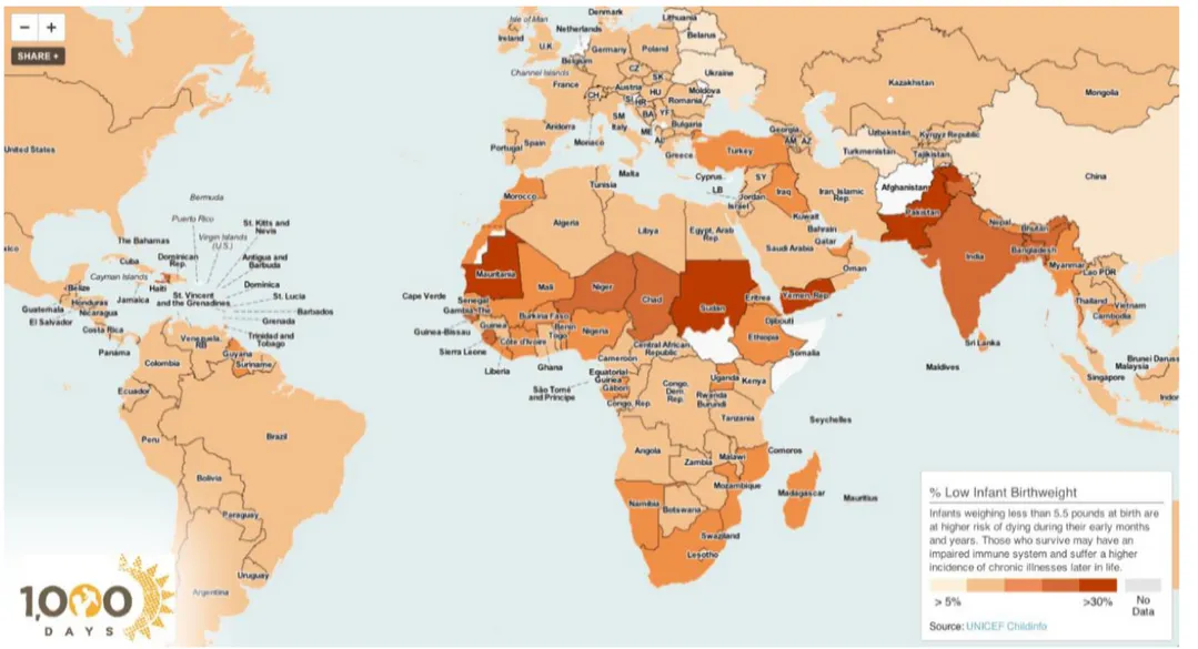 Figure 1 : Répartition géographique de la prévalence du FPN à travers le monde. 