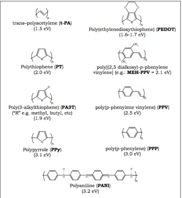 Figure  1.5  The  molecular  structure  of  a  few  technologically  relevant  conjugated  polymers  and  their electronic band gap.[17] 
