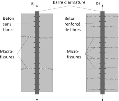 Figure 2-8: Représentation schématique du patron de fissuration de tirants : a) béton  normal; b) béton renforcé de fibres