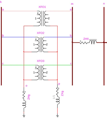 Figure 3-8: YNyn0 Shell Type and Single Phase Unit Transformer  D c  is an 8 x 3 matrix:                       (3.21)  where: 