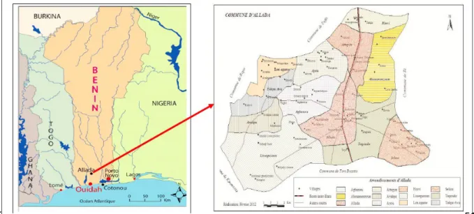 Figure 4. Map and plan of the disctric of Allada.  Source: Institut Géographique National du Bénin.