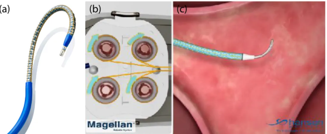 Figure 1.19. Cath´ eter actionn´ e ` a l’aide de cˆ ables de traction en (a). La traction de cˆ able en (b) induit une flexion en (c)