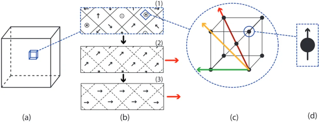 Figure 1.23. Repr´ esentation du champ magn´ etique dans la mati` ere. (a) corres- corres-pond au mat´ eriau ` a l’´ echelle macroscopique et (b) au grossissement pr´ esentant les domaines magn´ etiques du mat´ eriau