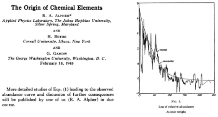 Figure 1.3: Extraits de l’article original de Alpher et al. (1948) pr´ edisant l’abondance des ´
