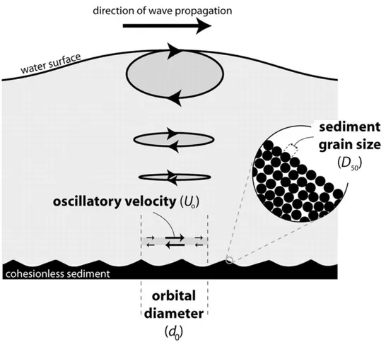 Figure 2-2 Trajectoire elliptique des particules d'eau au passage des vagues – tirée de  (Cummings, Dumas et Dalrymple 2009) 