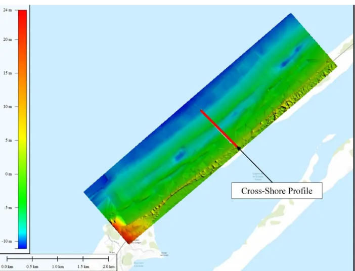 Figure 5-3 Bathymetry in the zone of interest and position of the cross-shore profile 