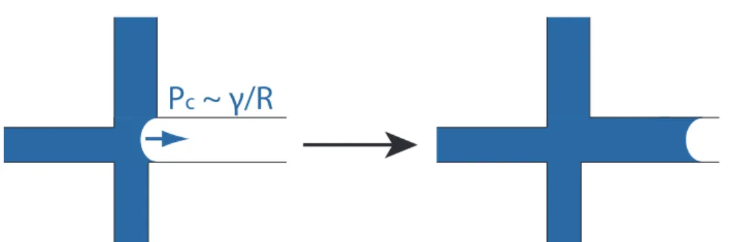 Figure 1.10 – Sch´ ema illustrant l’invasion spontan´ee d’un canal dˆ u `a la pression capillaire dans le r´egime de l’imbibition.