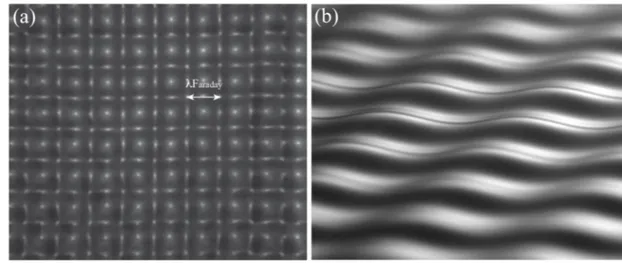 Figure 1.1 – a) Modes de Faraday dans une boite rectangulaire, vue de dessus. b) Modes de Faraday vus en incidence rasante