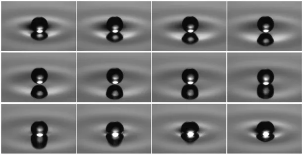 Figure 1.5 – Rebond d’une goutte de diamètre D = 1.2 mm. Les photographies sous prises toutes les deux millisecondes