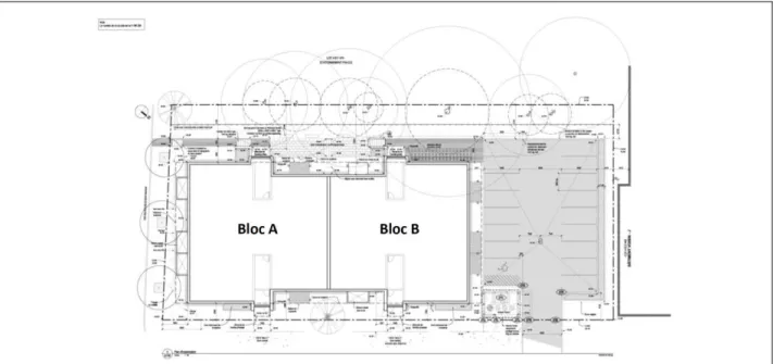 Figure 4-1 Plan et modèle 3D des deux bâtiments de l'étude de cas 