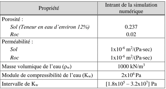Tableau 4.7 : Intrants pour les pressions interstitielles pour le sol (till), le roc et l’eau