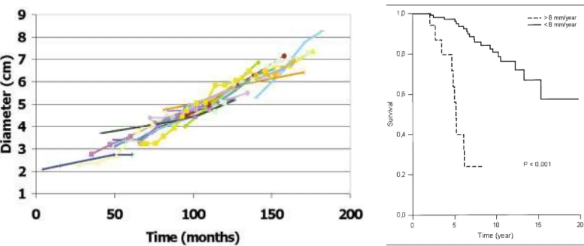 Figure 1.5 – A gauche, les courbes de croissance de gliomes de bas grade sans traitements pour plu- plu-sieurs patients [MJYDC03]
