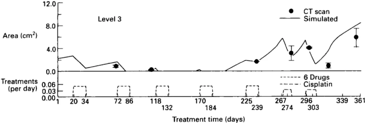 Figure 4.4 – Simulation de l’évolution d’un gliome anaplasique traité par chimiothérapie et com- com-paraison avec l’imagerie d’après [TCW + 95].