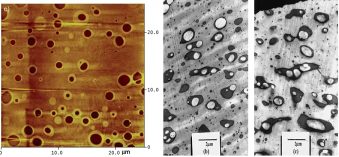 Figure 2.20: Schématique de morphologies d’équilibre pour un système ternaire A/B/C où A est  la matrice