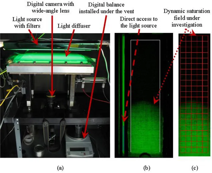 Figure 3-4 : The complete optical setup: (a) RTM mold with a digital camera and a filtered light  source; (b) typical image acquisition of the dynamic saturation of the glass fibrous reinforcement; 
