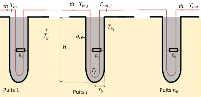Figure 1-6: Variables inhérentes au circuit de puits géothermiques du Type 272  Les variables spécifiques à un puits   sont : 