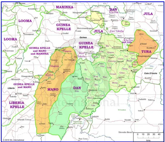Fig. 1 : Carte des dialectes mano