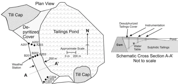 Figure 2.6 : Vue en plan et coupe schématique du parc à résidus de la mine Detour Lake  (Dobchuk et al., 2013) 