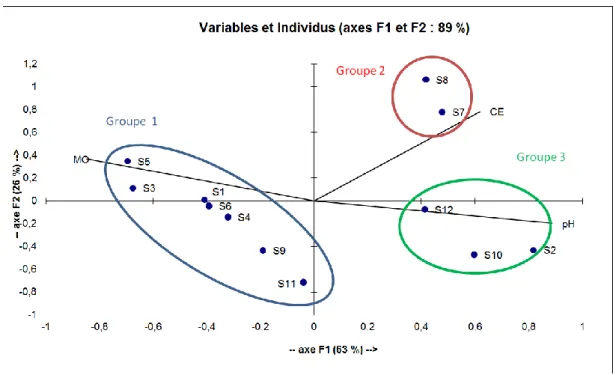 Figure 13. Projection des variables et des individus mesurés sur les axes (1 et 2)   de l’analyse en composante principale (ACP)